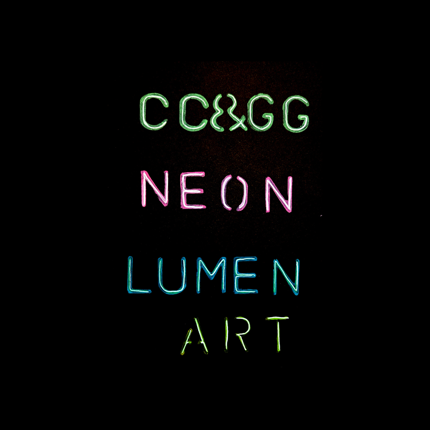 Glowing neon-style words and letters in green, pink, blue and yellow arranged vertically against a black background.