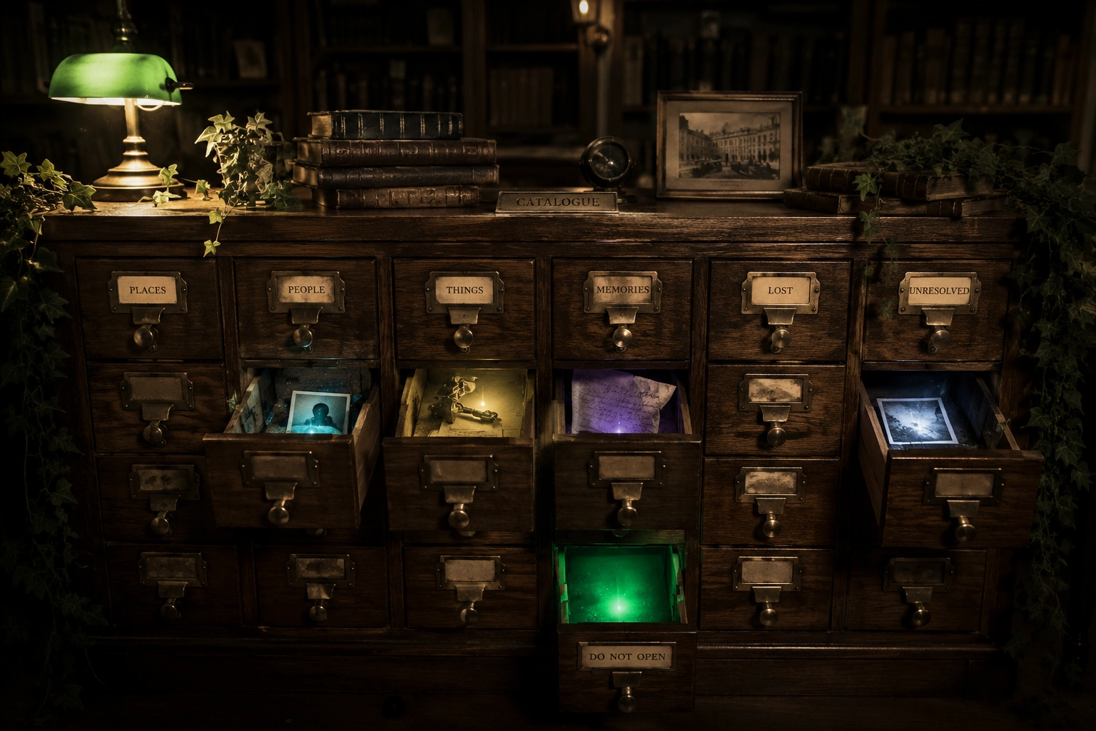 Vintage wooden card catalogue with several drawers open to reveal glowing photographs, objects and papers, surrounded by books, ivy and a green desk lamp.