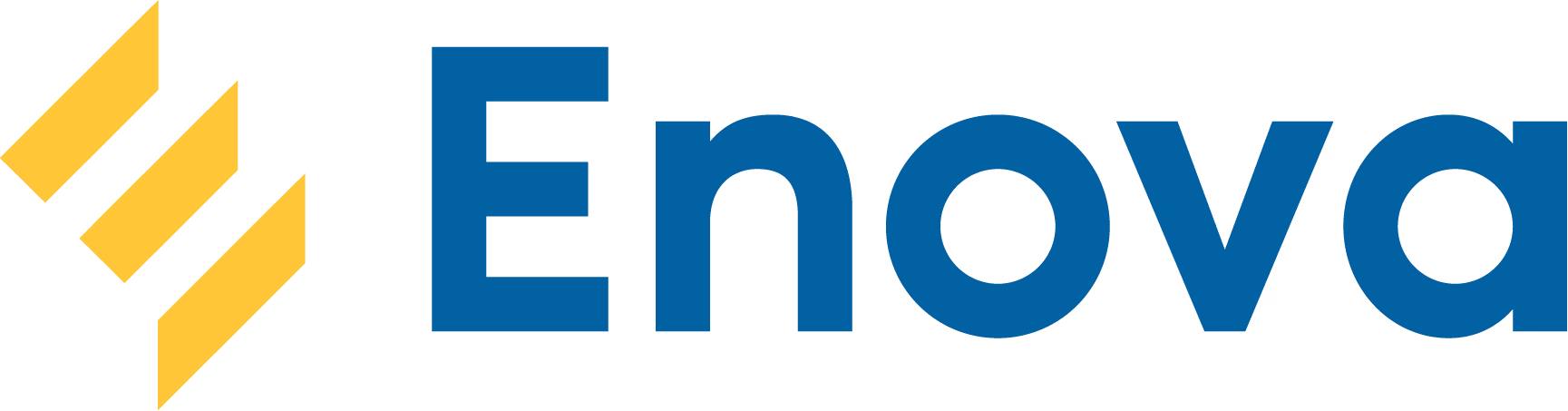 Enova company logo with blue text and three yellow diagonal bars on the left.