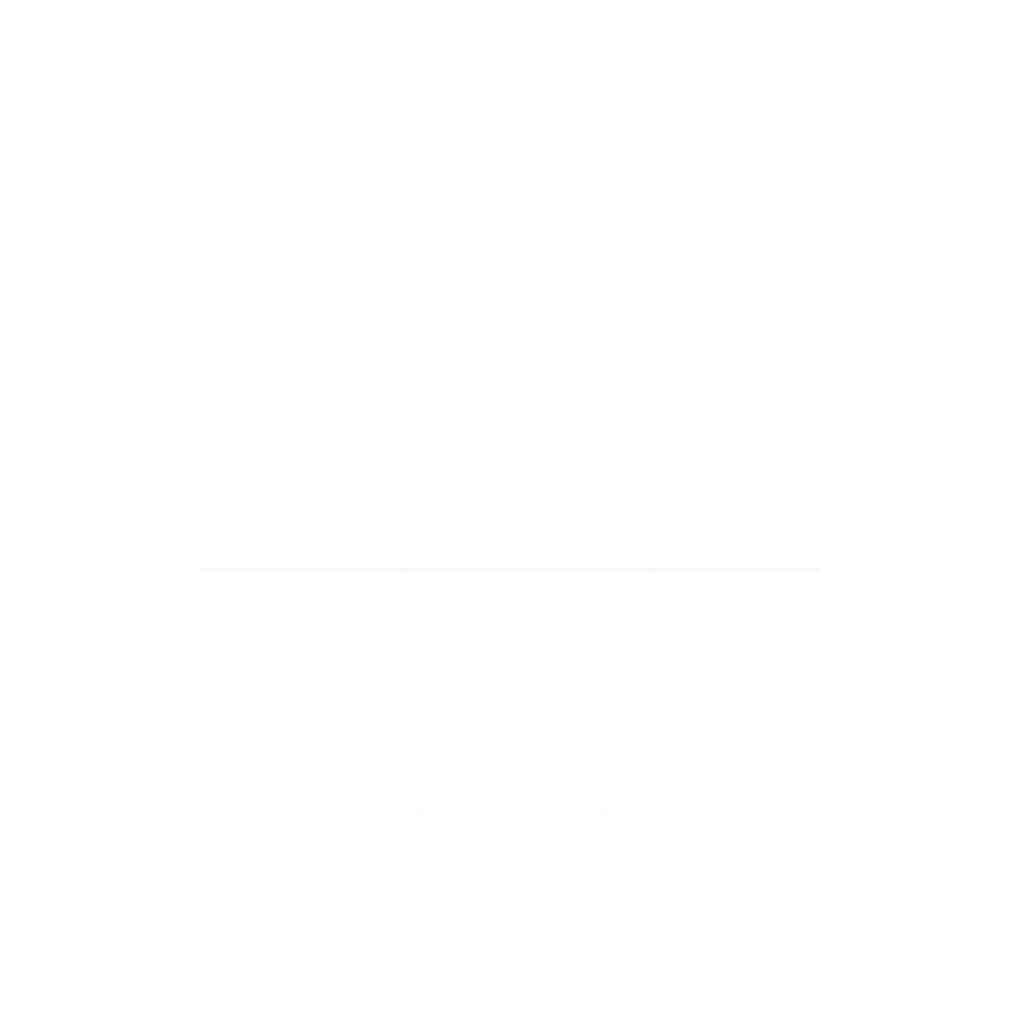 Logo for Luxe Nail Bar featuring the word 'LUXE' in large uppercase letters above a horizontal line and 'NAIL BAR' in smaller uppercase letters below, framed by decorative ornate flourishes above and below the text on a black background.