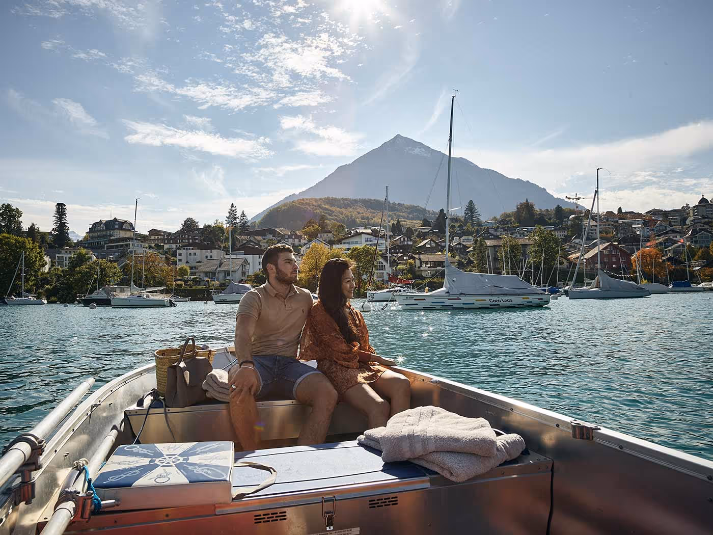 Couple on the rental boat on Lake Thun