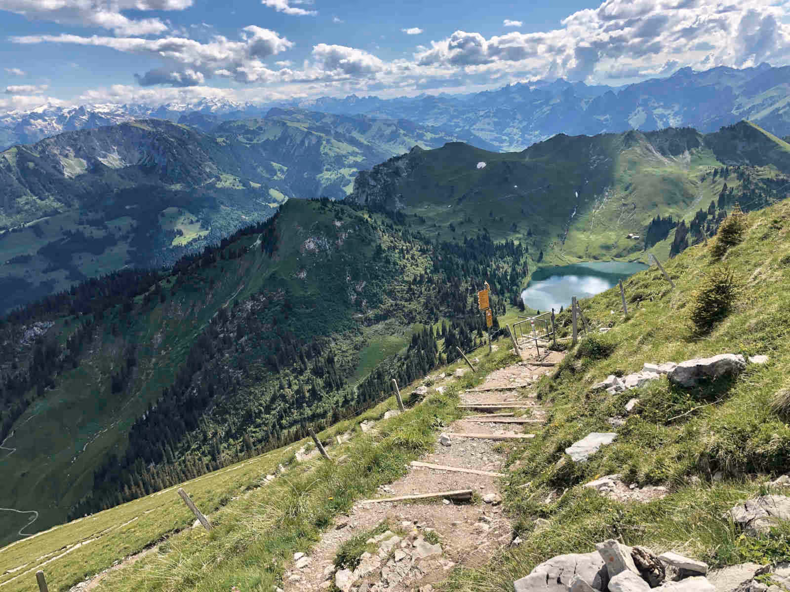 Mountain hiking trail from the Stockhorn to the lake