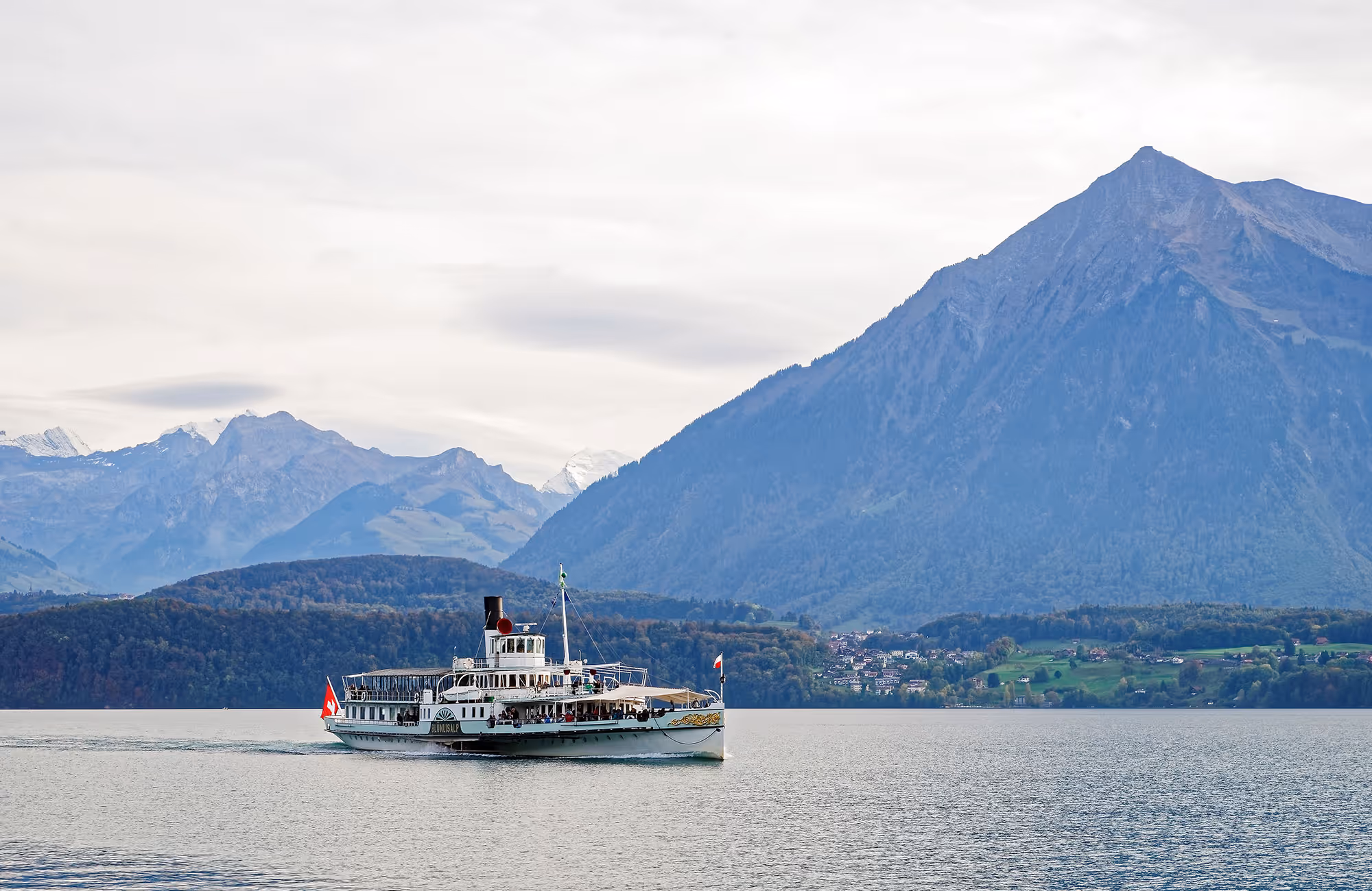 Boat on Lake Thun with the Niesen