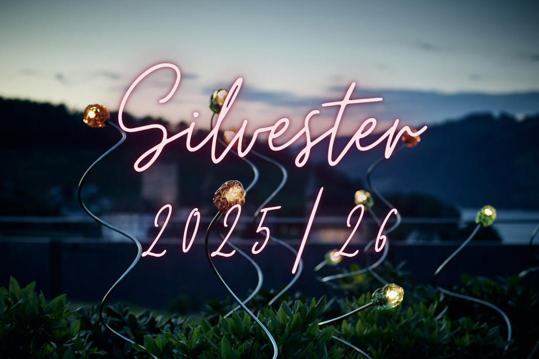 Text Silvester auf Bild mit farbigen Garten Lampen