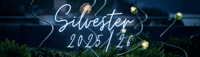 Silvester schriftzug auf Hintergrund mit farbigen Gartenlampen