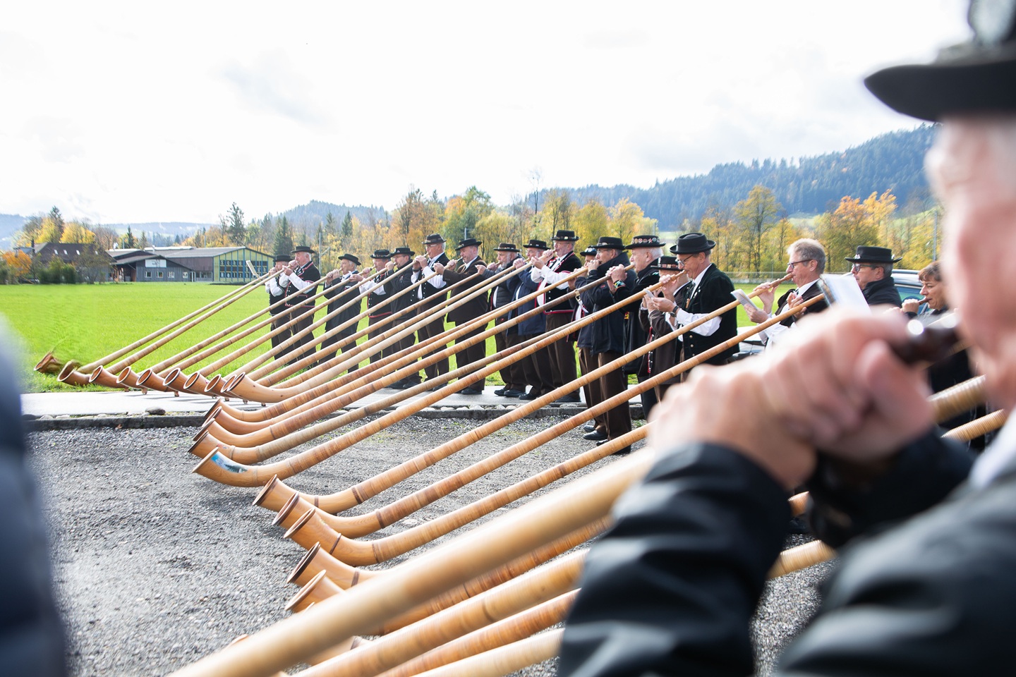 Des joueuses et des joueurs de cor des Alpes jouent ensemble devant un paysage montagneux automnal en Suisse.
