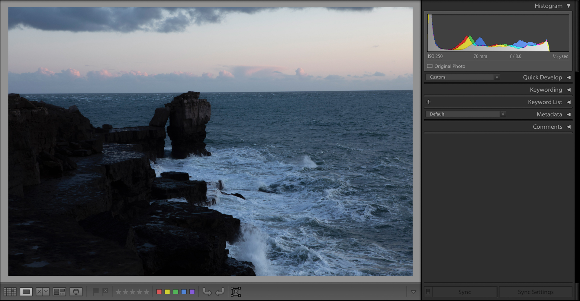 Lightroom screenshot showing an underexposed image with clipped blacks