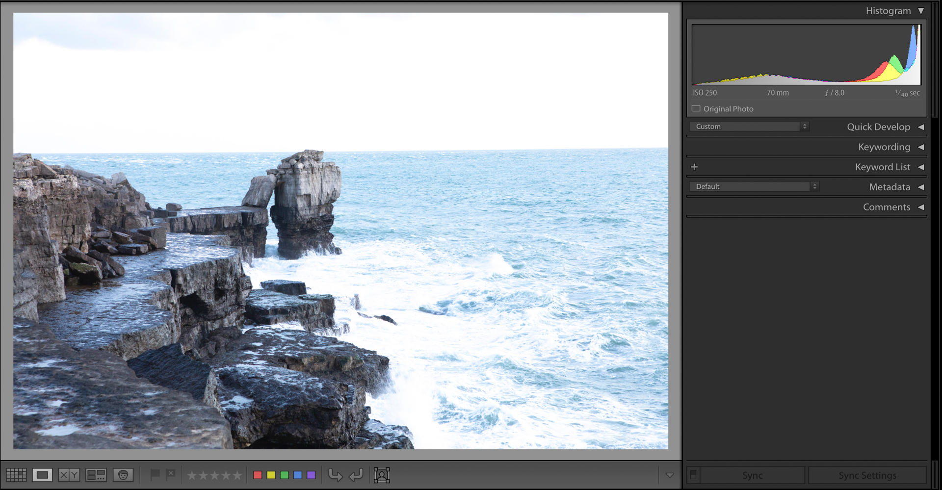 Lightroom screenshot showing an overexposed image with clipped whites