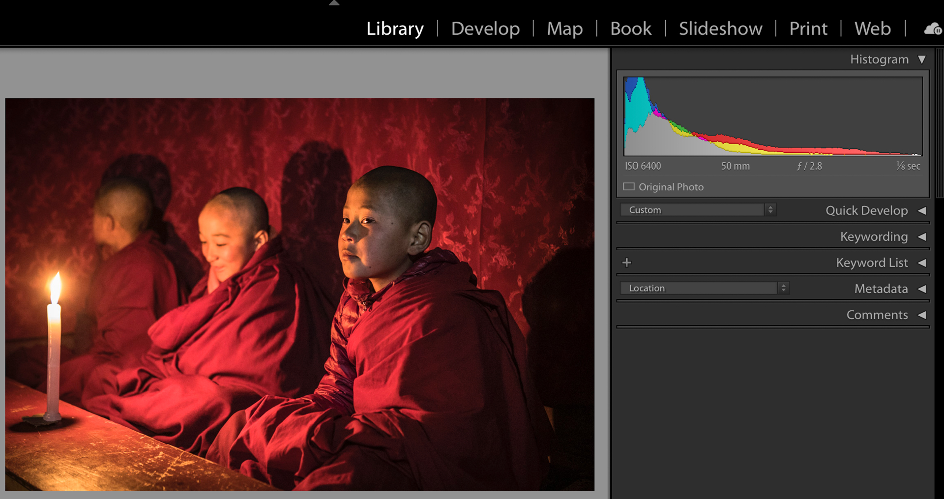 Lightroom screenshot showng an image of young monks, along with the histogram of the image