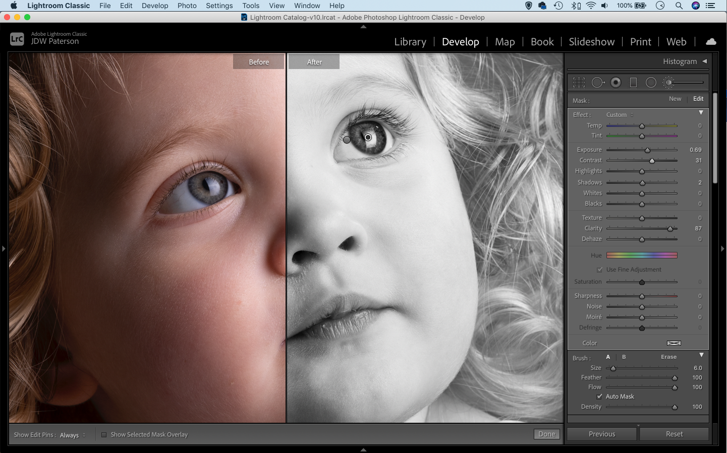 Screenshot of dodging and burning with Lightroom's Adjustment Brush