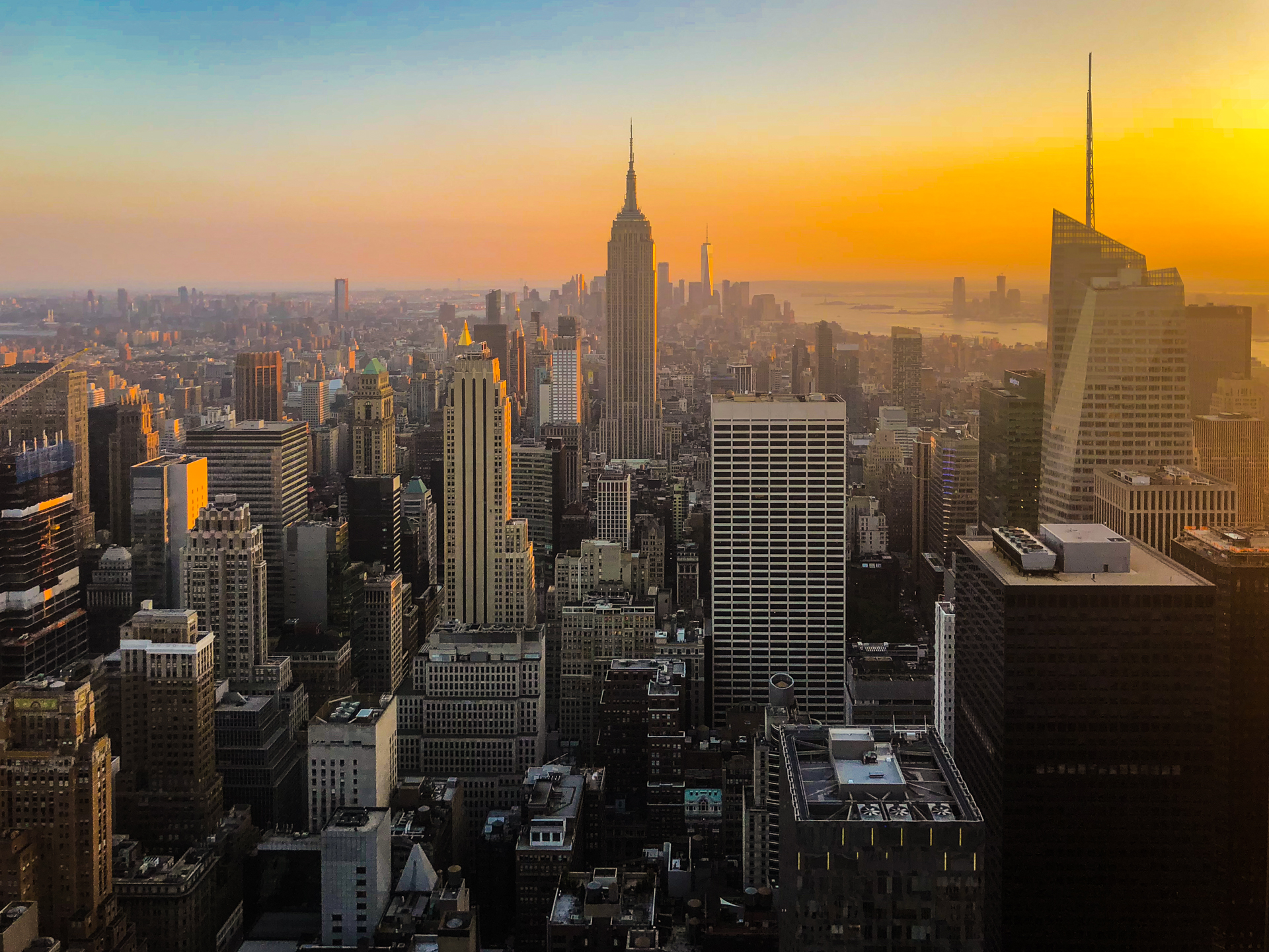 The New York City skyline at sunset