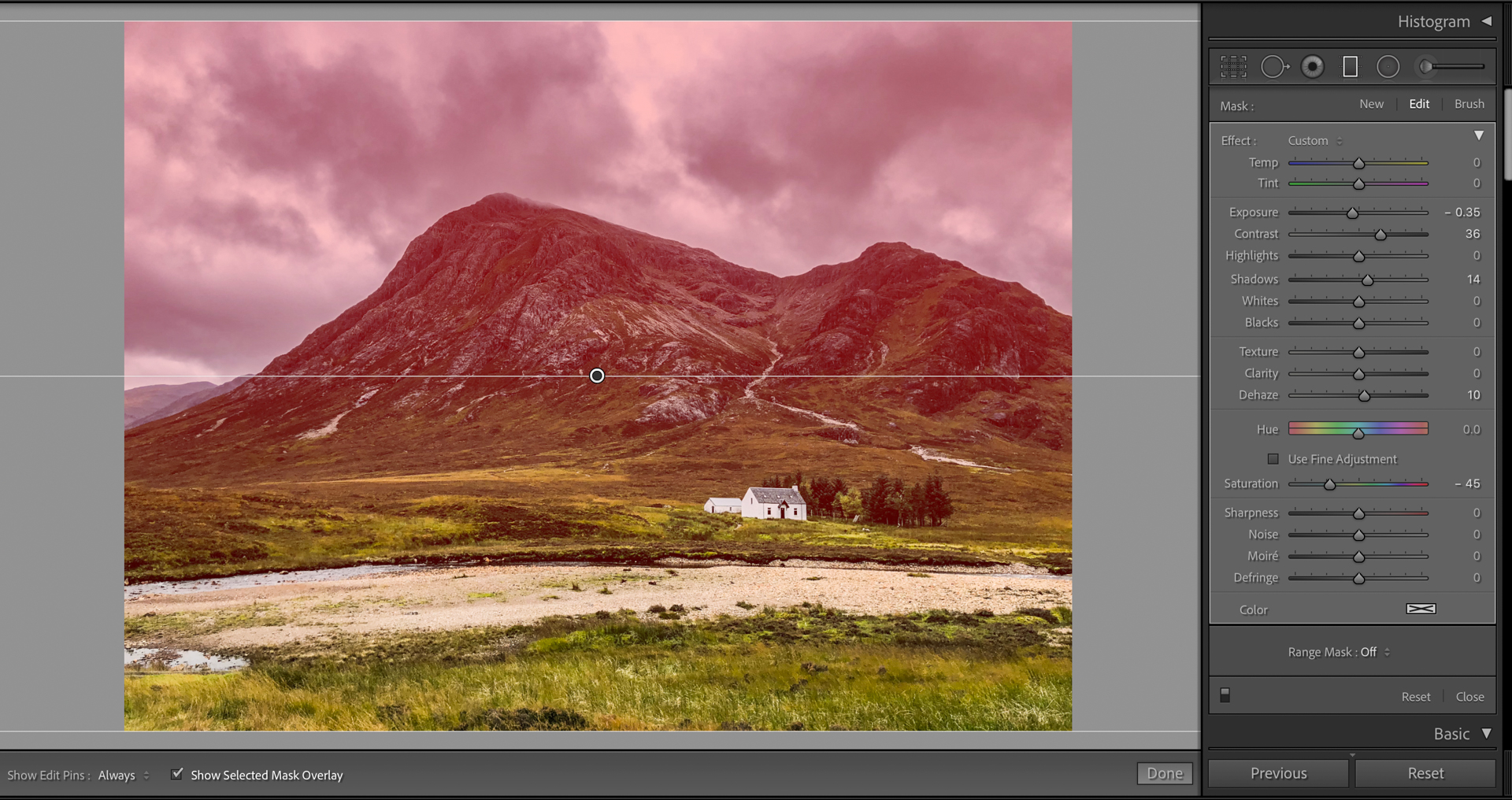 A linear gradient placed over the top half of an image (in red) in Lightroom