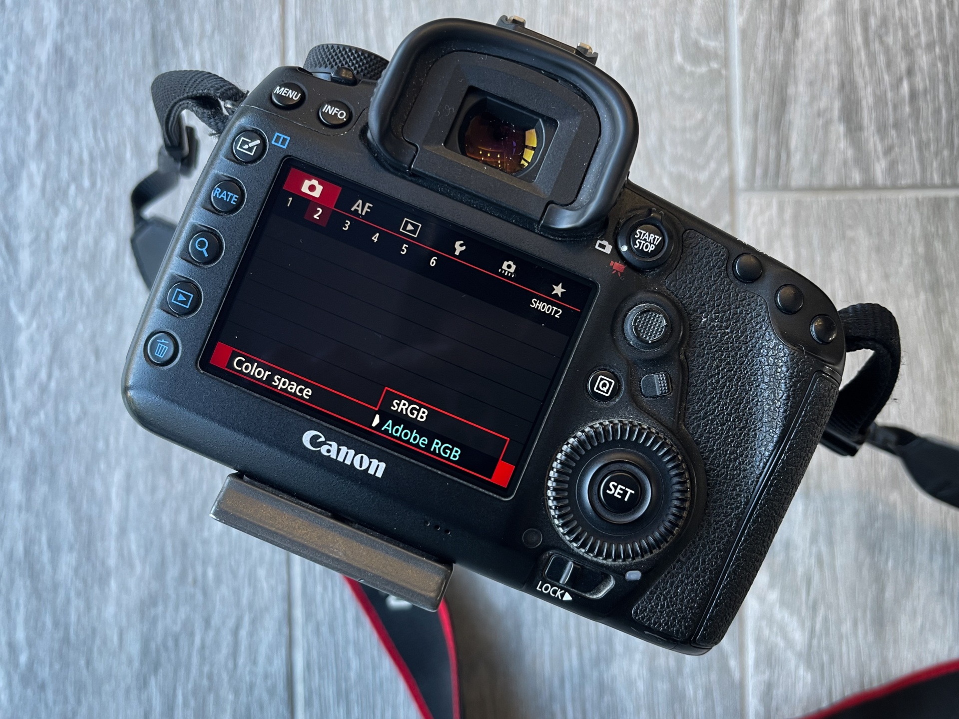 Viewing the color space options on the back of a DSLR LCD screen