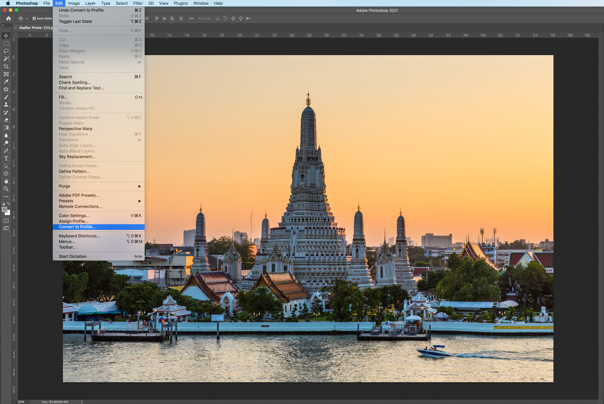 Photoshop screenshot showing how to select and change colour space