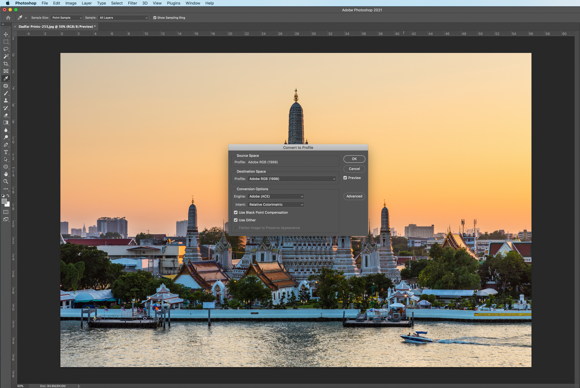 Photoshop screenshot showing how to select and change colour space