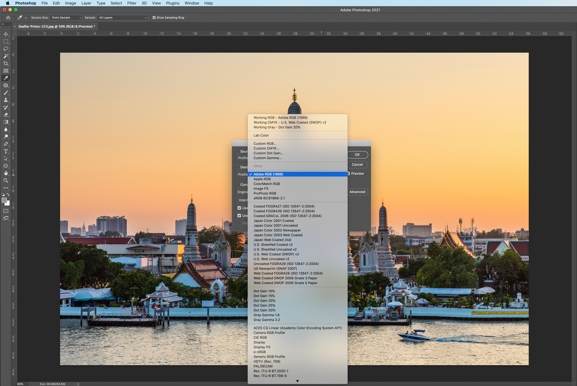 Photoshop screenshot showing how to select and change colour space