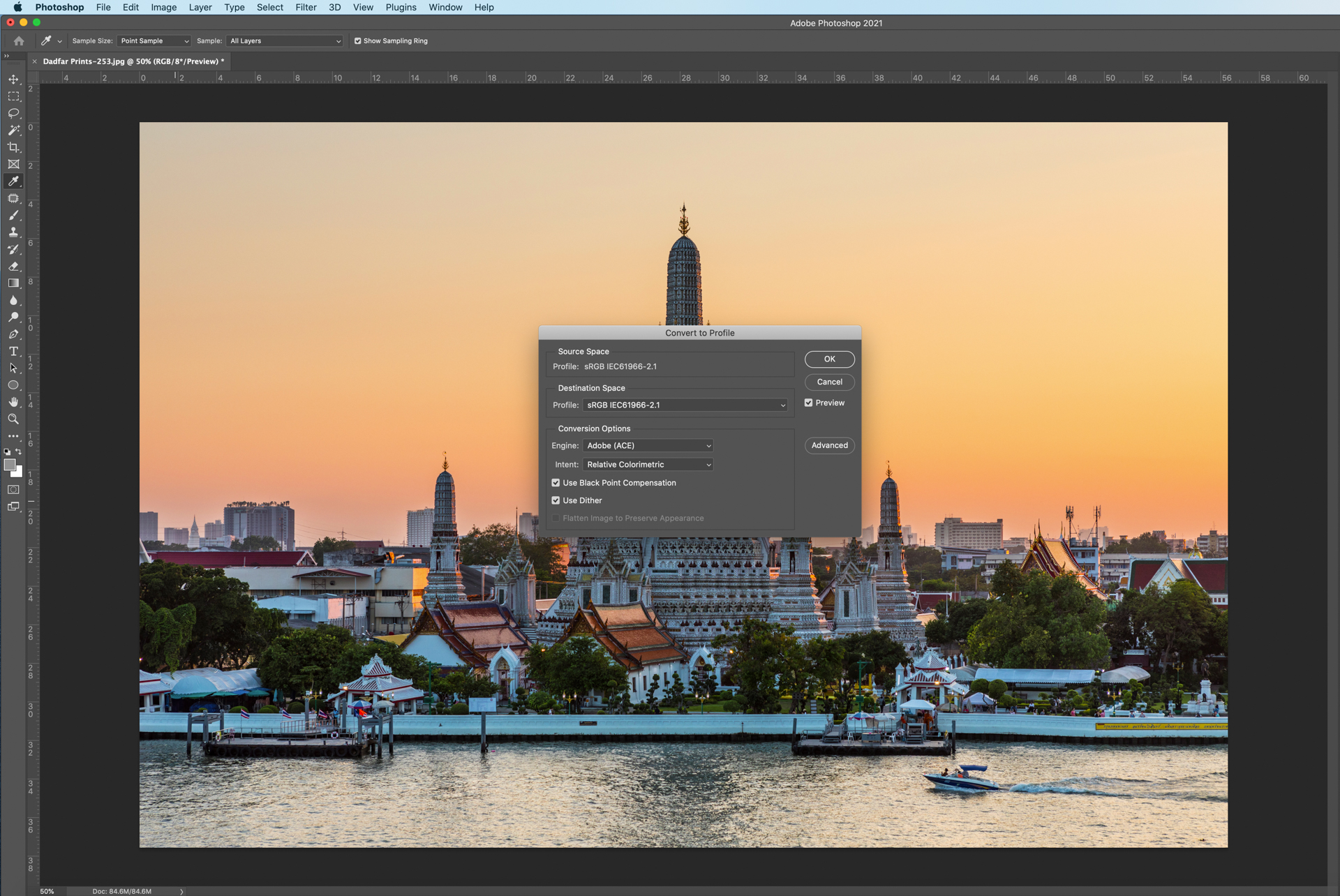 Photoshop screenshot showing how to select and change colour space