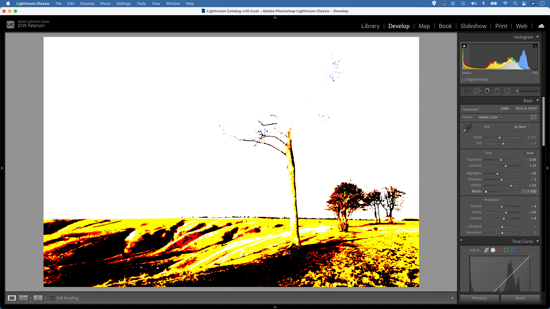 Screenshot in Adobe Lightroom showing clipped areas of an image