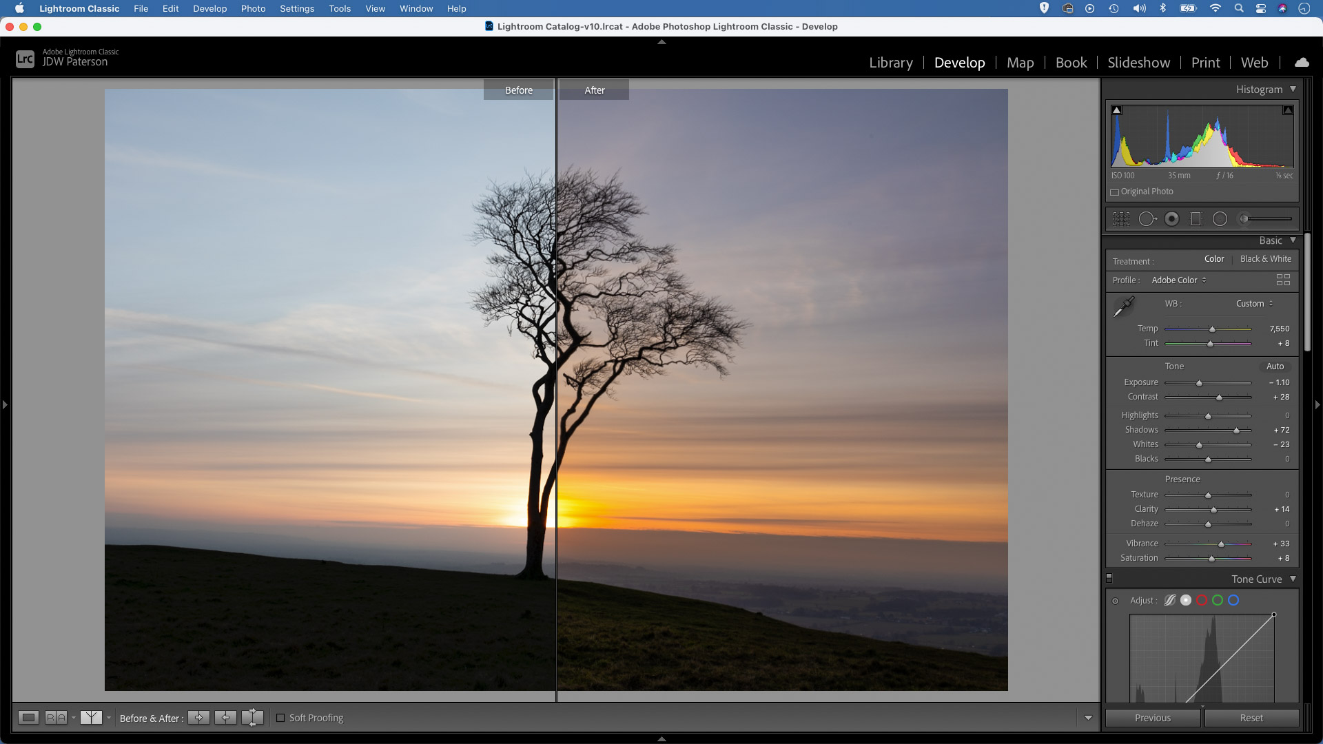 Screenshot in Adobe Lightroom showing an image captured with the "Expose to the right' technique