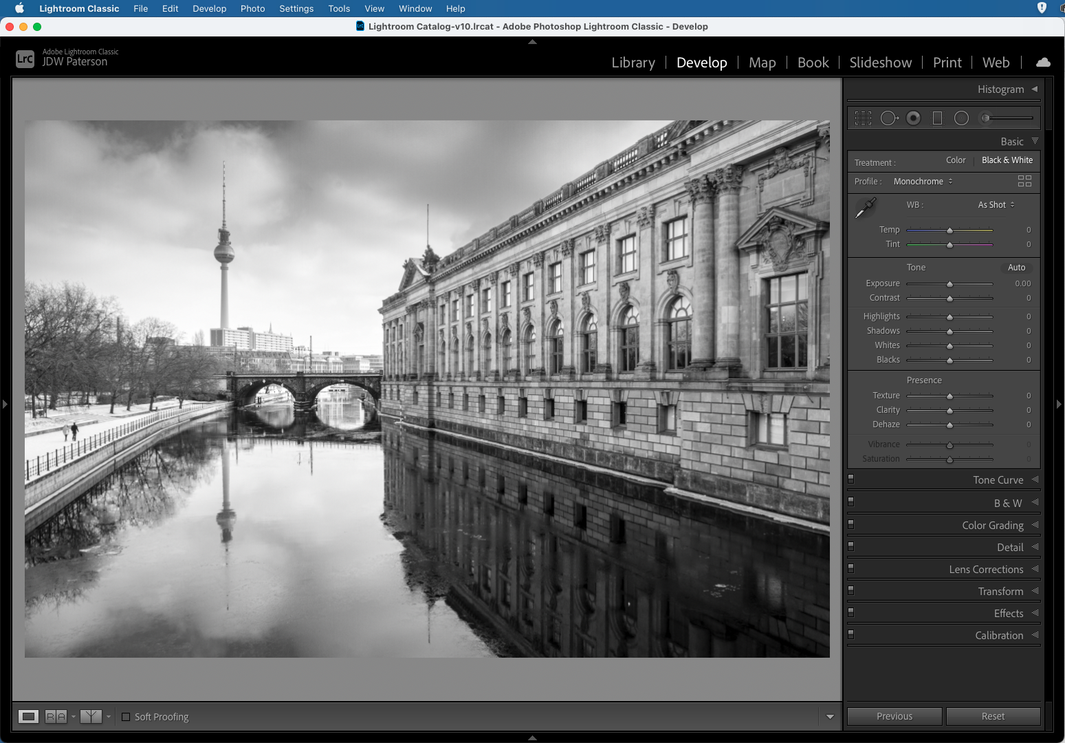 Screenshot showing a quick black and white conversion in Adobe Lightroom