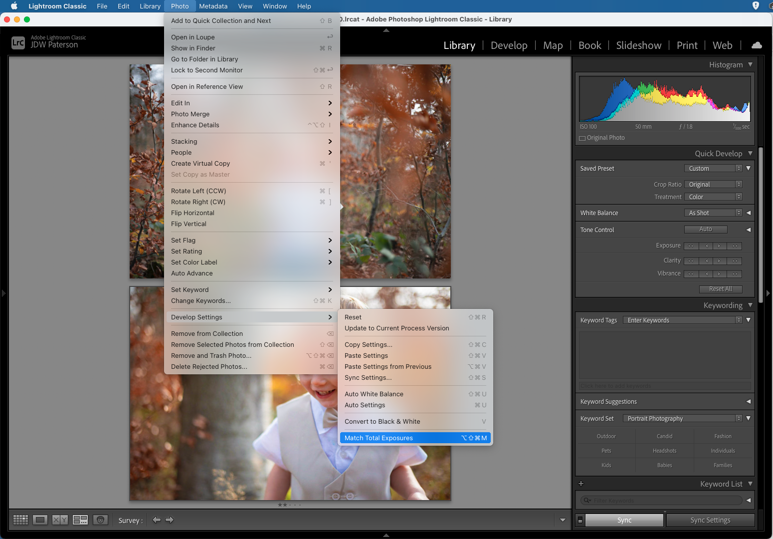 The Match Total Exposures option in Adobe Lightroom