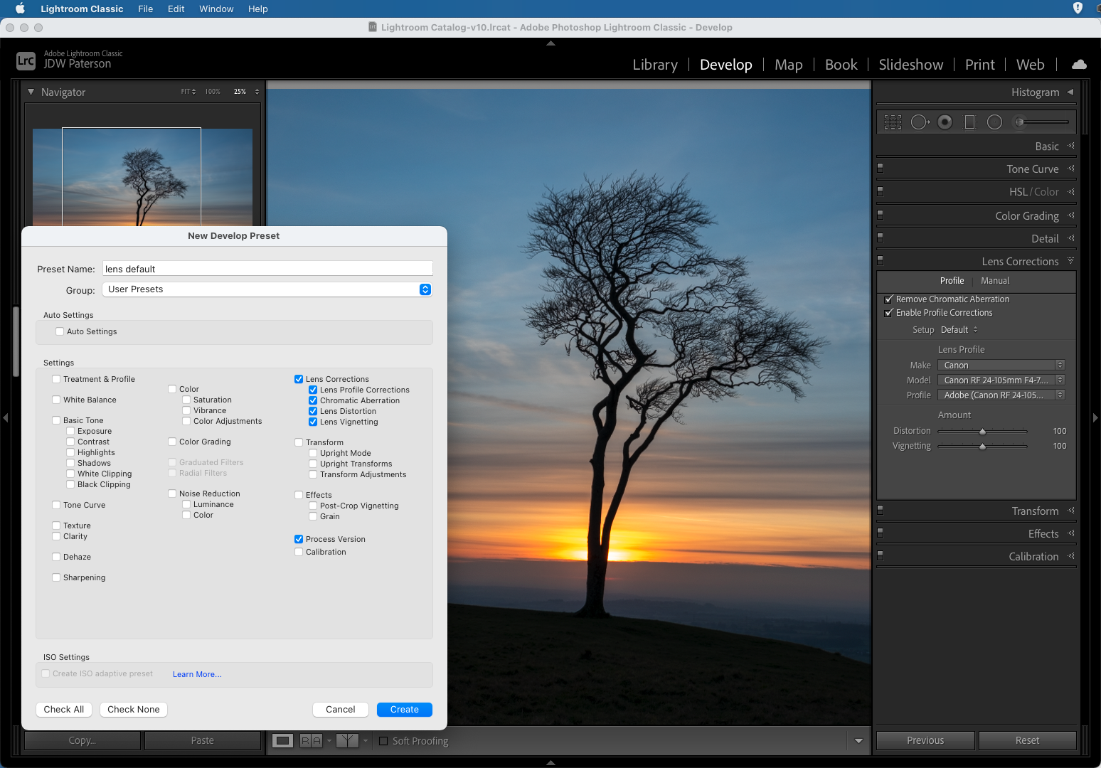 Screenshot showing Develop Preset creation in Adobe Lightroom