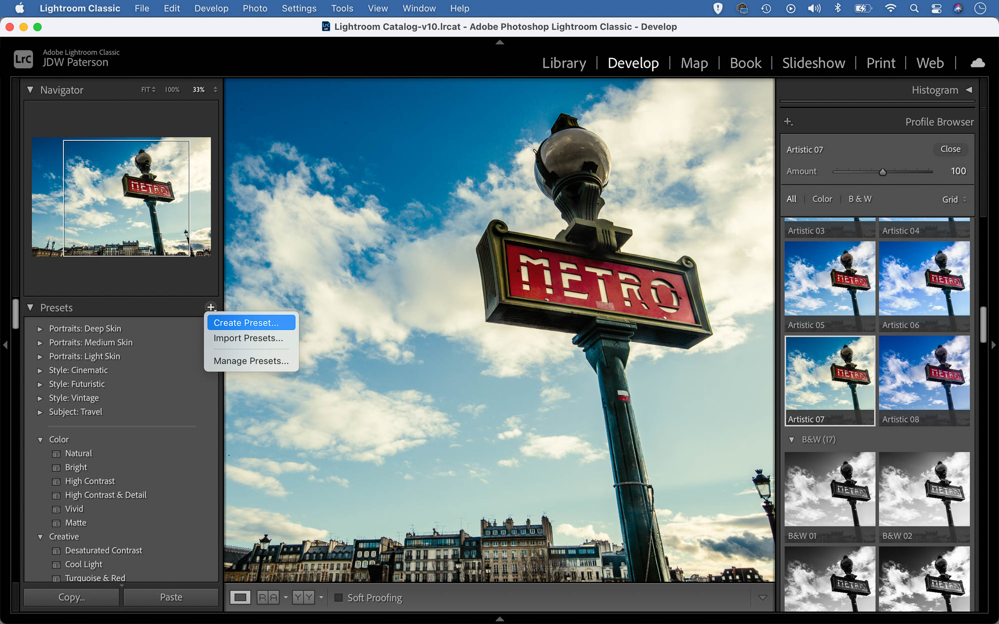 Screenshot showing the preset feature in Lightroom Classic