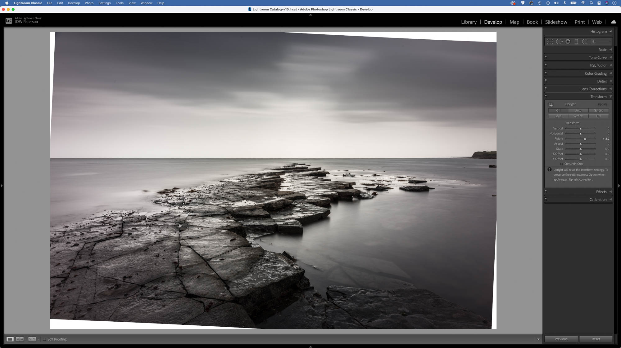 Screenshot showing a rotated image to level the horizon in the scene in Adobe Lightroom