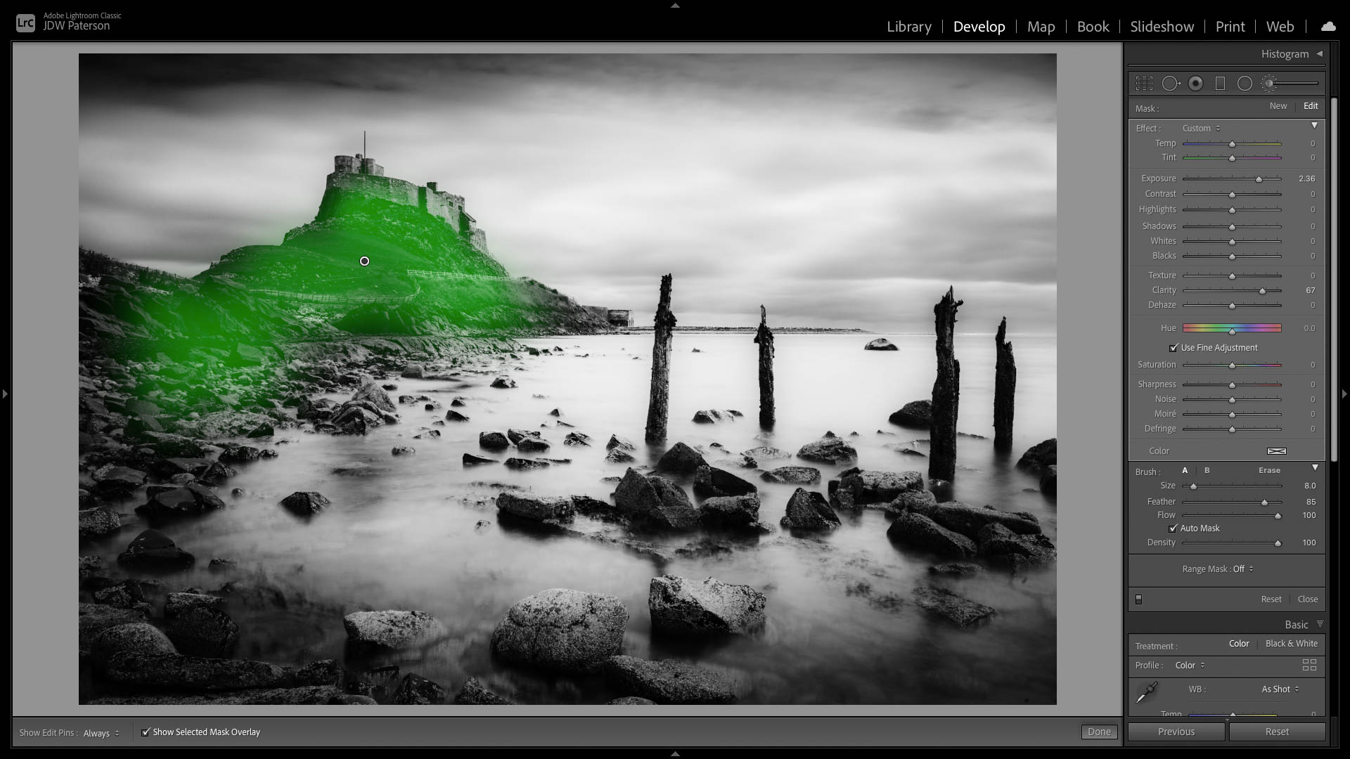 Lightroom screenshot showing painting Clarity selectively with the Adjustment Brush