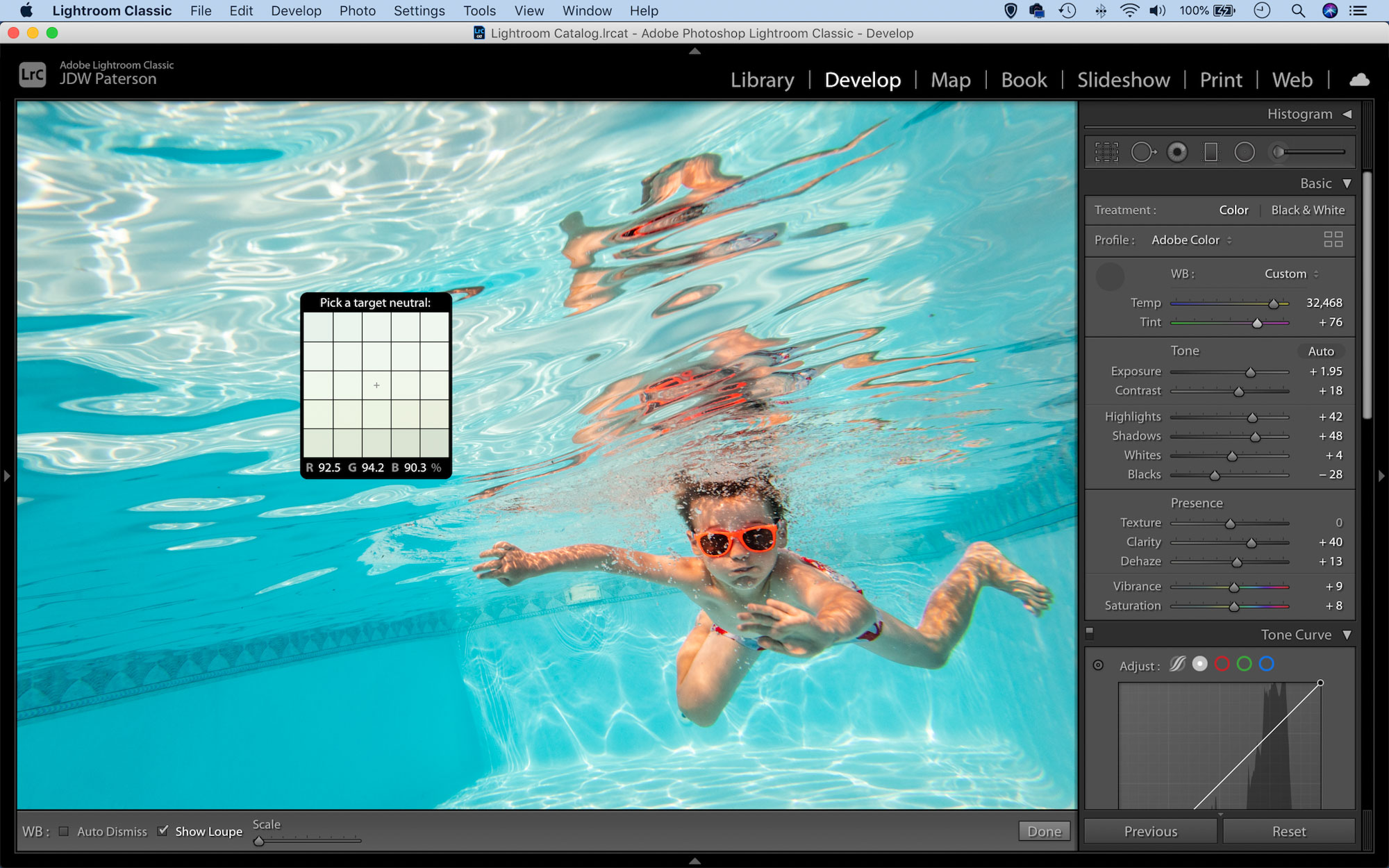 Screenshot showing the white balance eyedropper in Lightroom