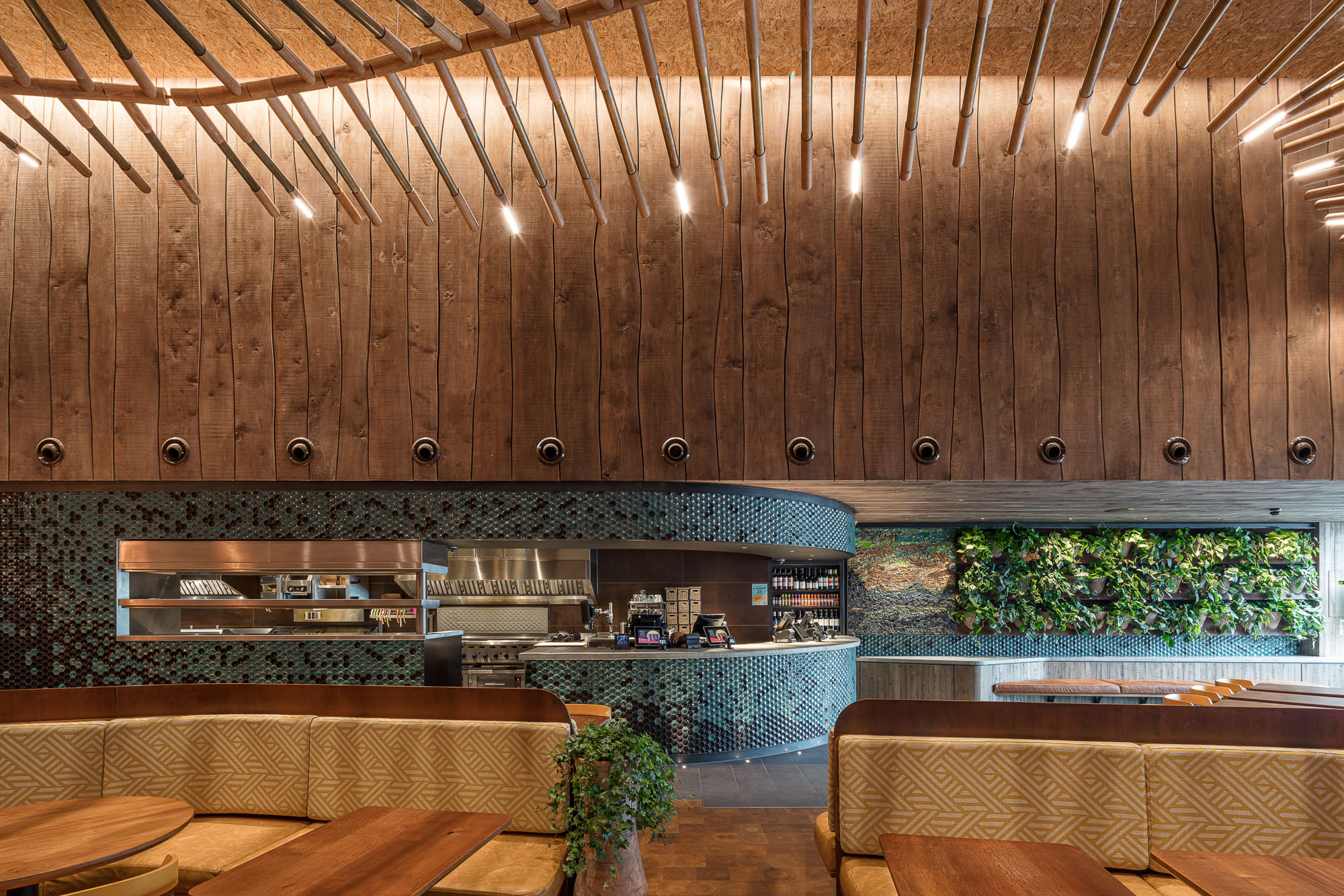 Interior of a restaurant captured from a 1-point perspective