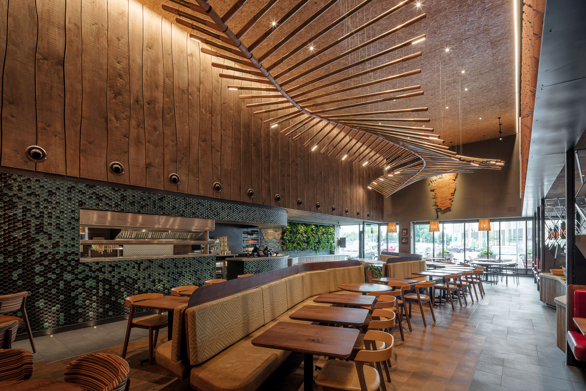 Architectural image of a restaurant interior captured from a 2-point perspective