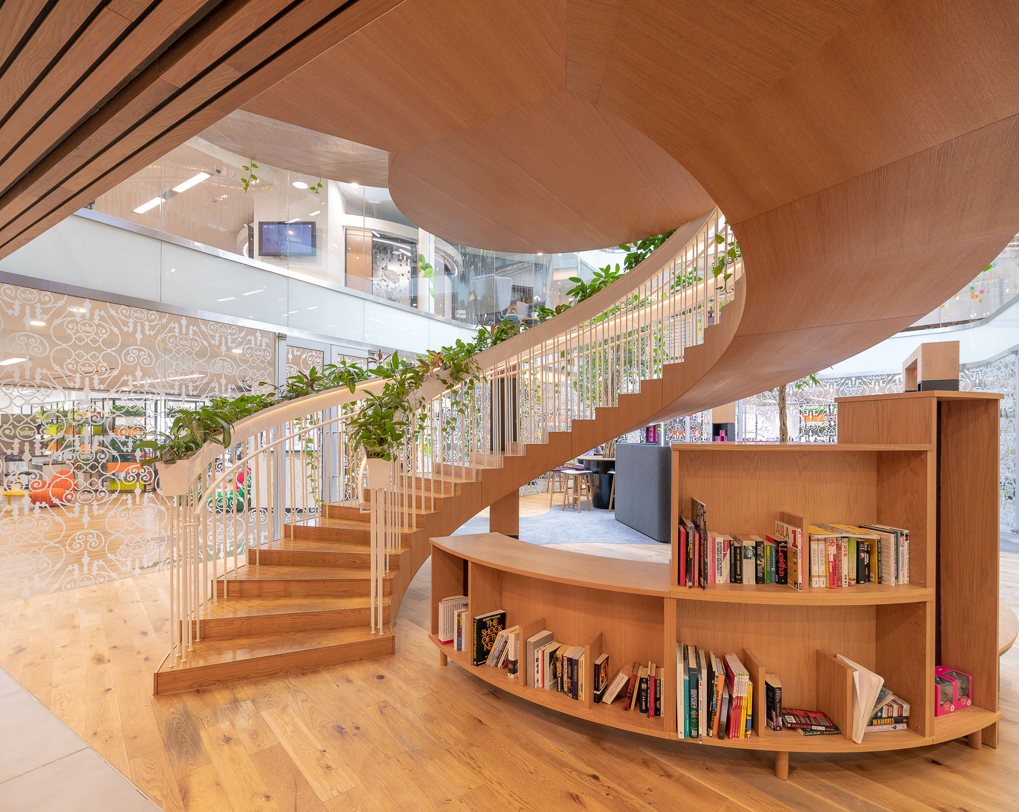 Architectural image of a wooden spiral staircase