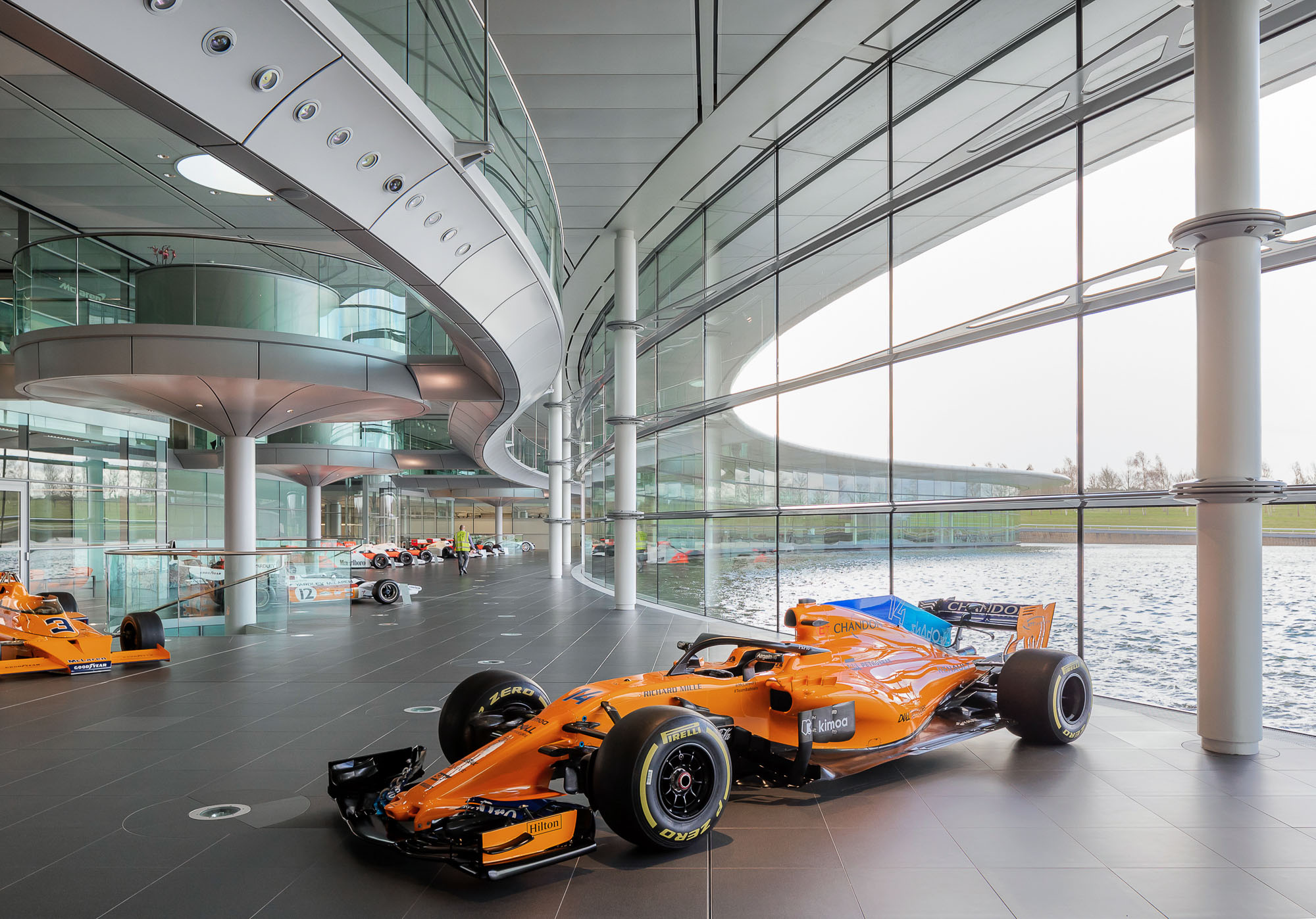 Architectural interior image with a racecar