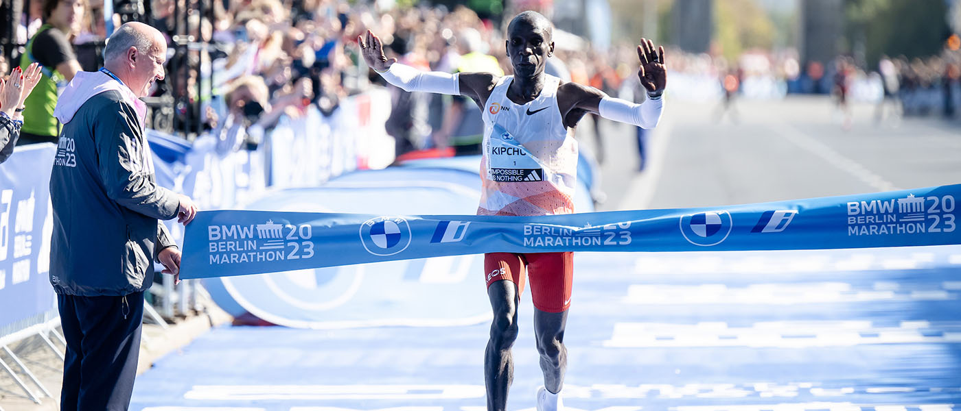 Eliud Kipchoge celebrates winning the BMW Berlin Marathon in 2023