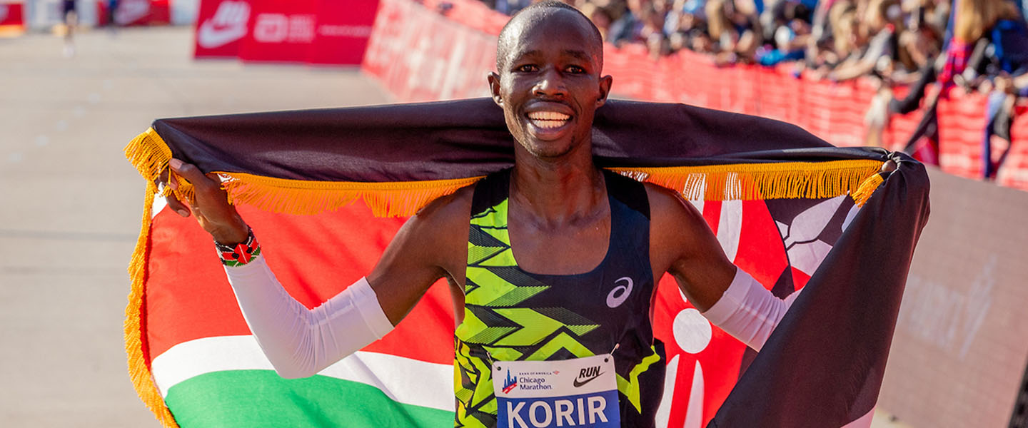 John Korir celebrates winning the 2024 Bank of America Chicago Marathon