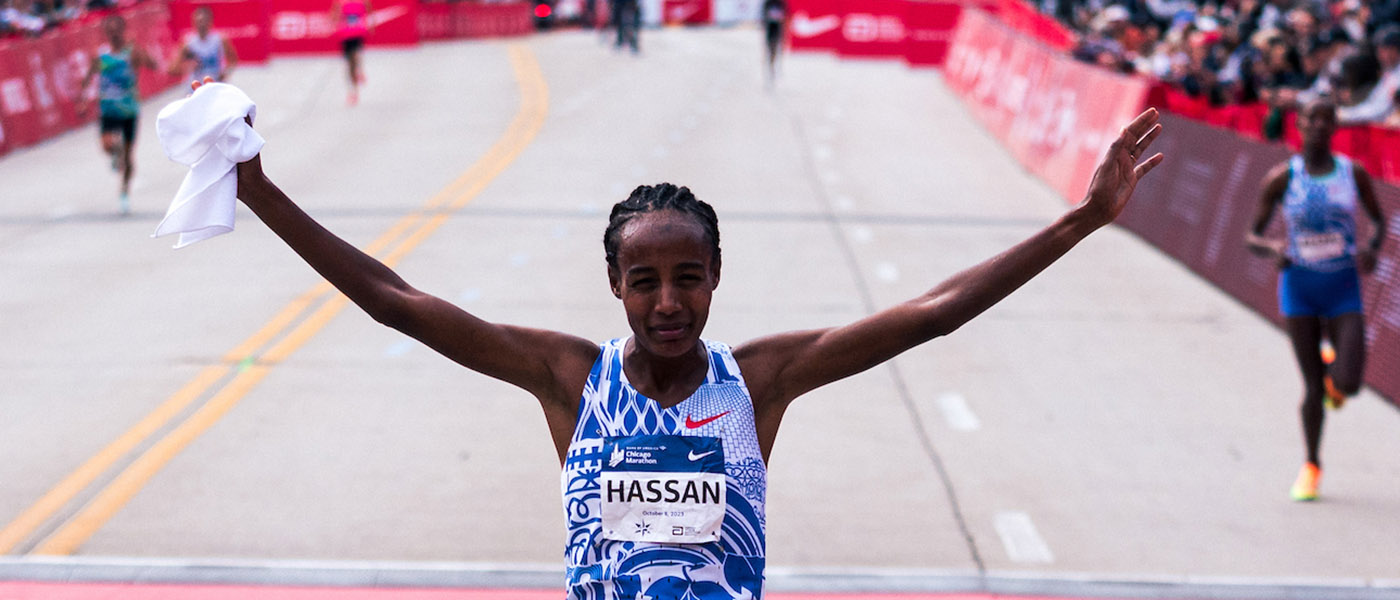 Sifan Hassan celebrates winning the 2023 Chicago Marathon
