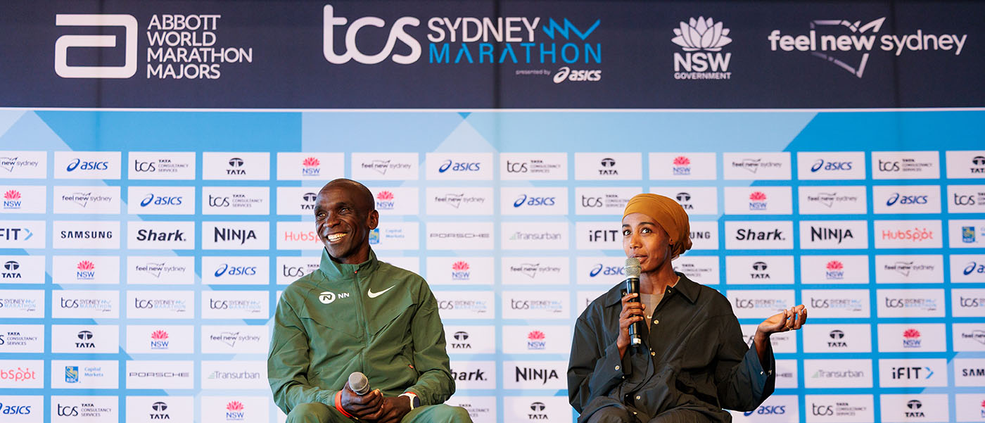 Eliud Kipchoge and Sifan Hassan at the TCS Sydney Marathon conference