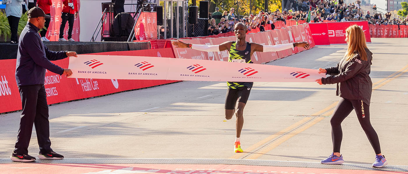 John Korir celebrates winning in Chicago in 2024