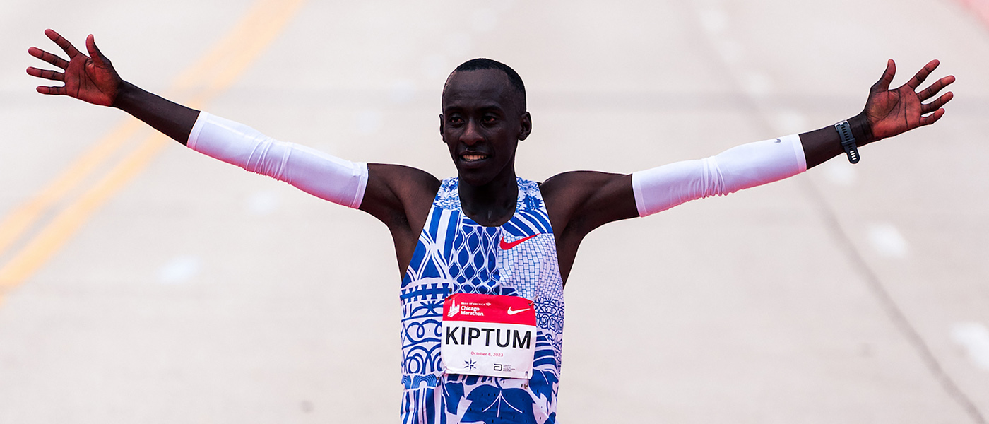 Kelvin Kiptum celebrates his epic world record run in Chicago in 2023