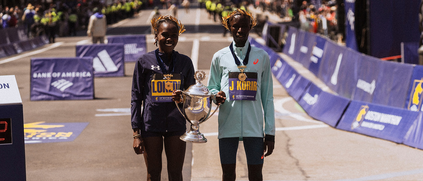 John Korir and Sharon Lokedi with their trophies in Boston