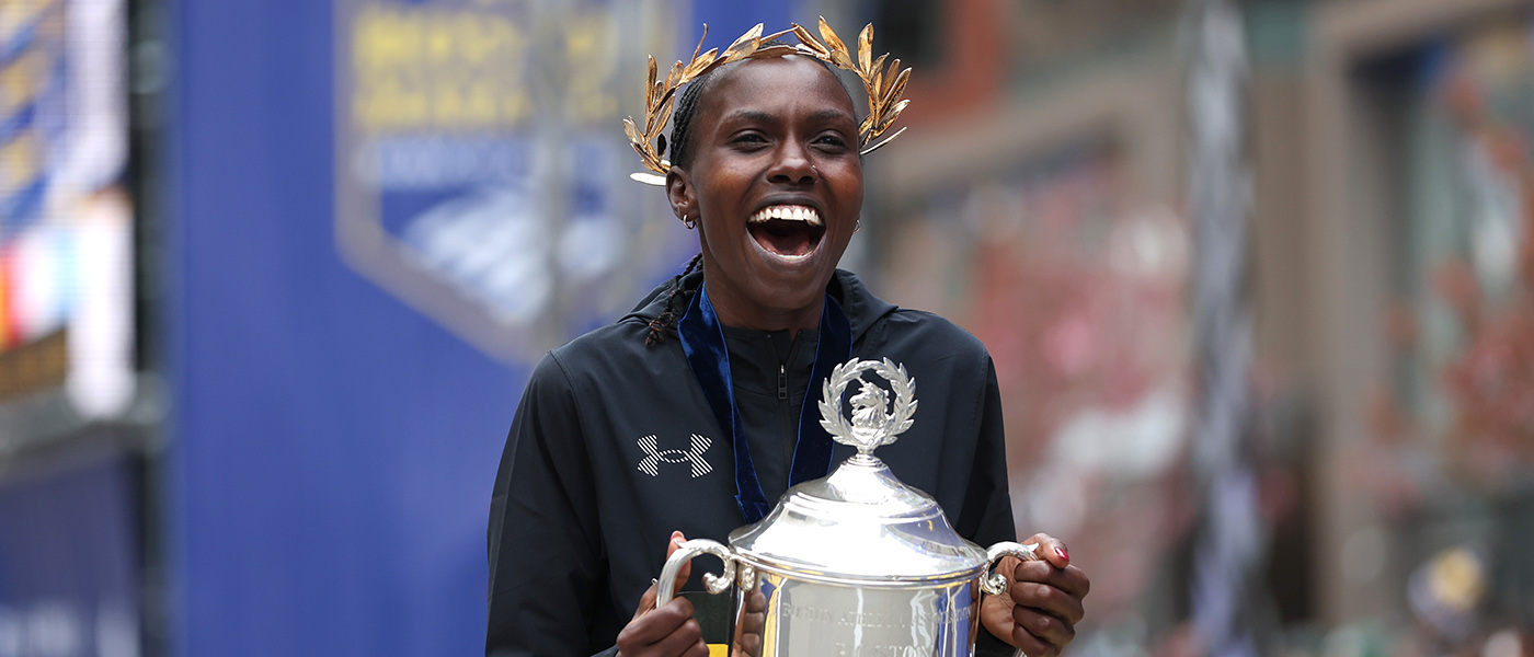 Sharon Lokedi celebrates winning in Boston