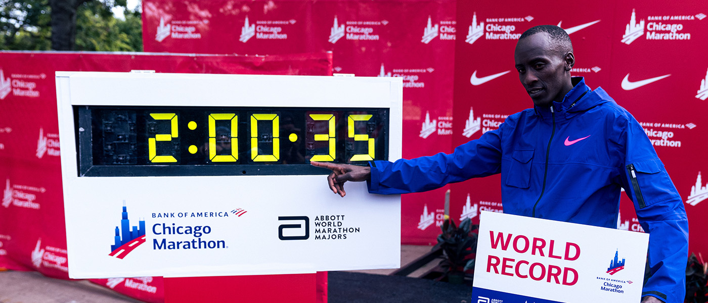 Kelvin Kiptum celebrates his record-breaking run in Chicago