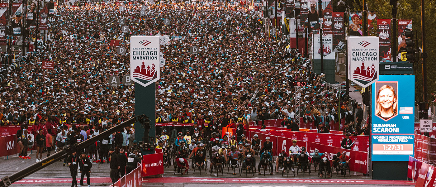 Runners prepare to get going at the start line of the Chicago Marathon