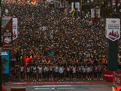 Runners prepare to get going at the start line of the Chicago Marathon