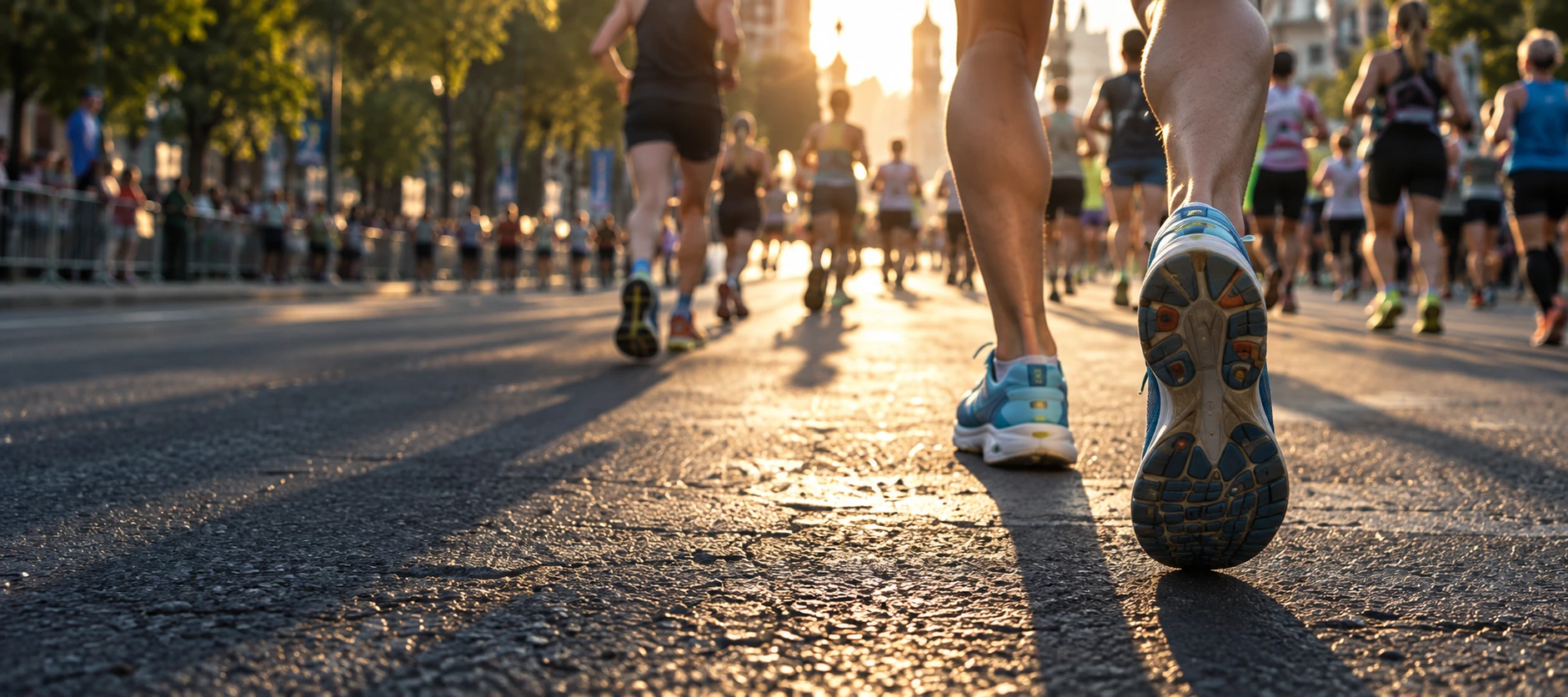 Runners on a city street at sunrise, photographed at ground level