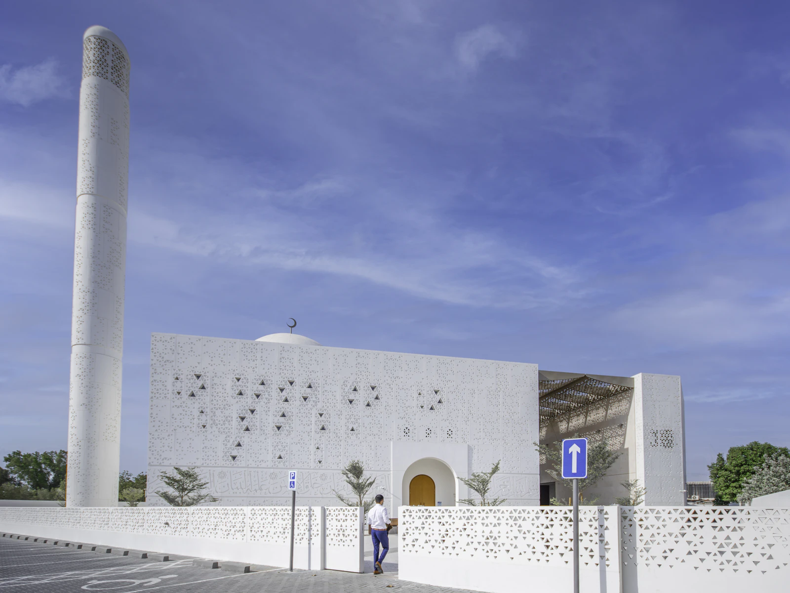 Mosque of Light (Gargash Mosque) in Al Quoz, Dubai, with its white perforated facade and minaret