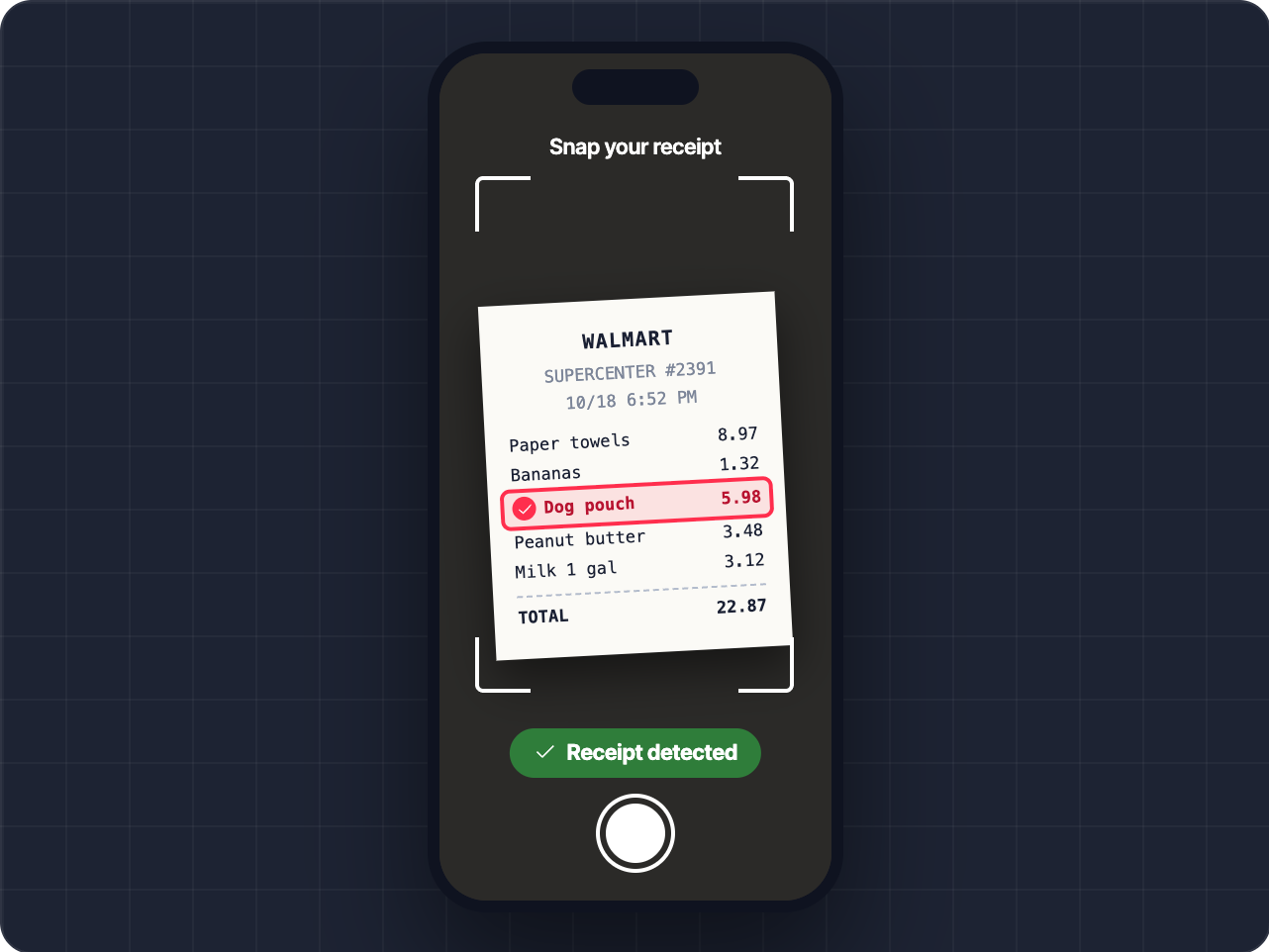 Snapping a Walmart receipt with the product detected