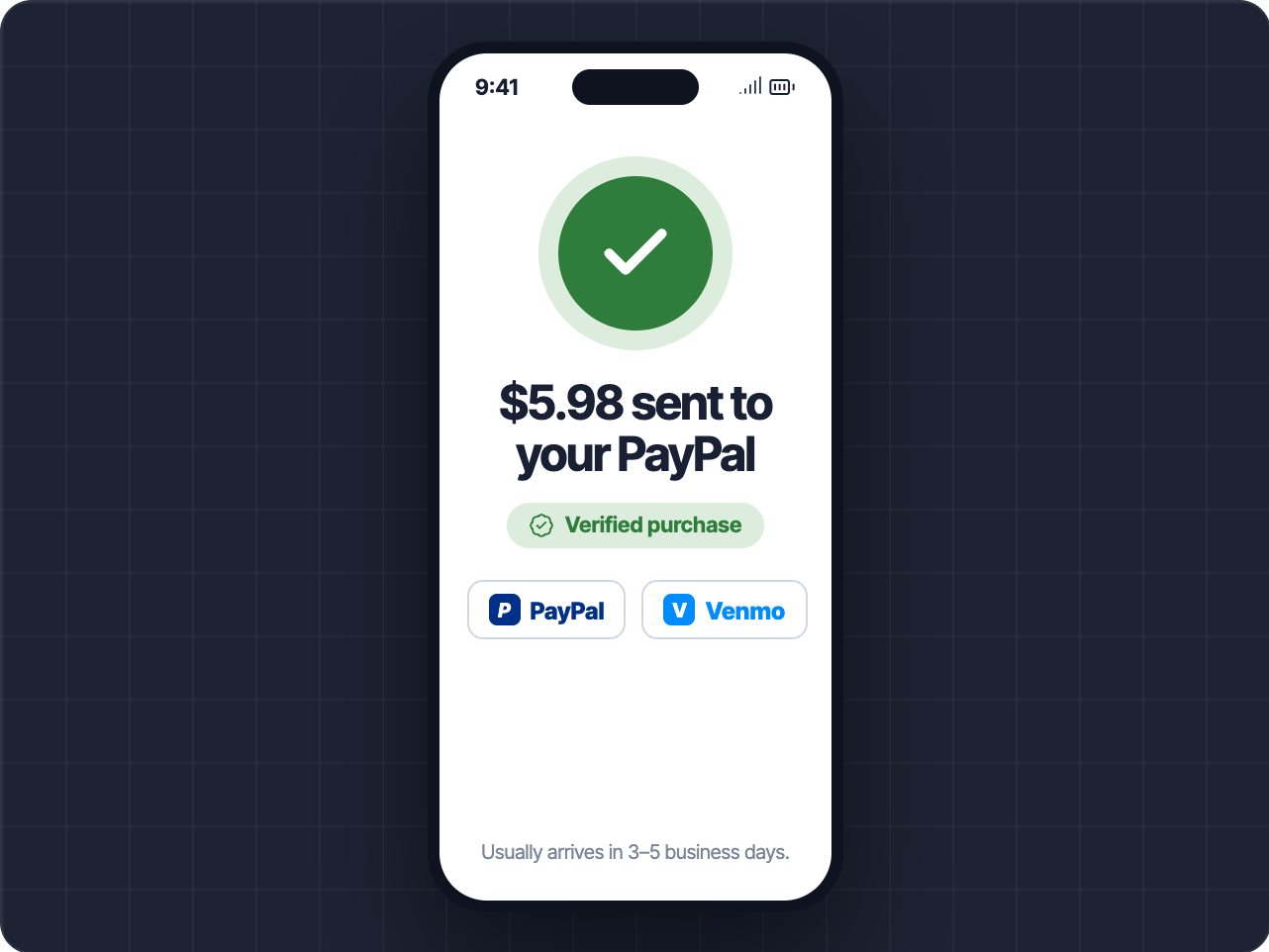 Cash back sent to PayPal after the receipt is verified