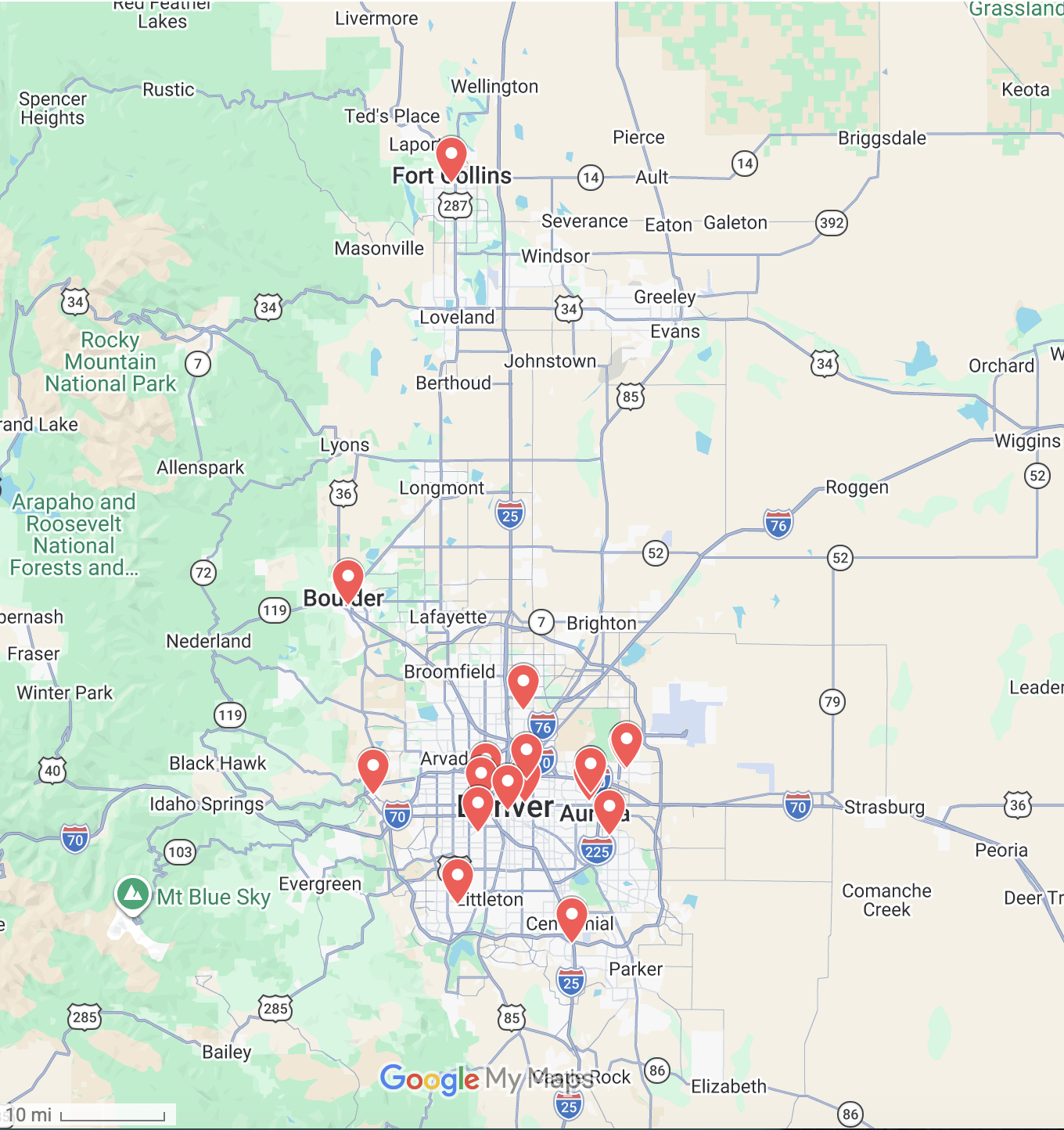 A map of Colorado with multiple red pins indicating the location of schools and organizations that WELCOME has partnered with.